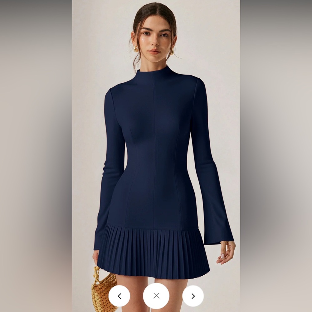 NWT COMMENSE Pleated Hem Mock Neck Mini Dress Navy LG